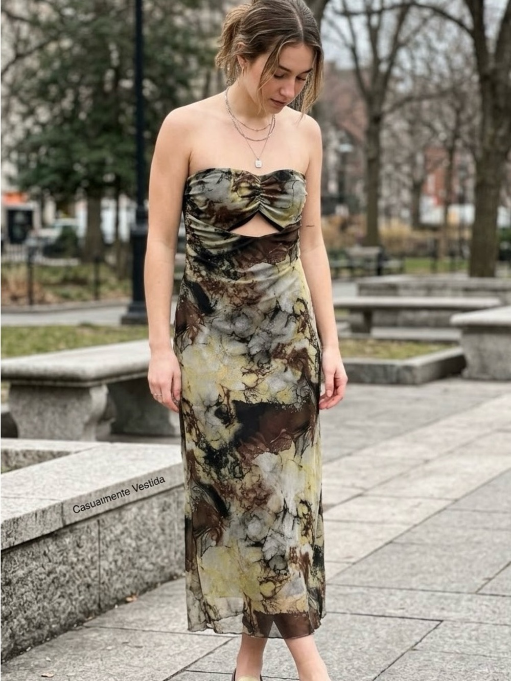 Mossimo Supply Co. Brown, Olive & Yellow Marble Slip Midi Dress